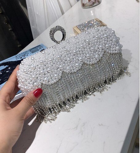 Style Clutch Crystal Women's Bag Tassel Mini Bag Banquet Bag Party Handbag Evening Bag Shoulder Cross-Body: Pearl liu su yin