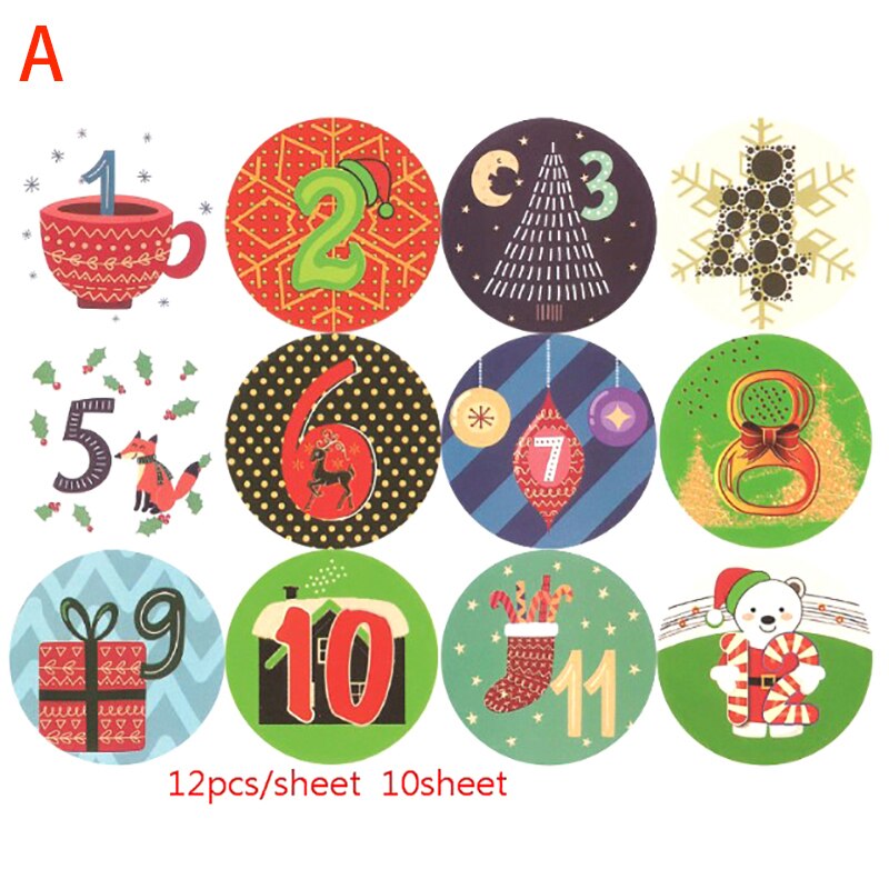 10 vellen kerstetiketten adventskalender, nummerpapierstickers, ornamenten, koekje, snoep, doe-het-zelf kerststickers, zelfklevende verpakkingsstickers: A