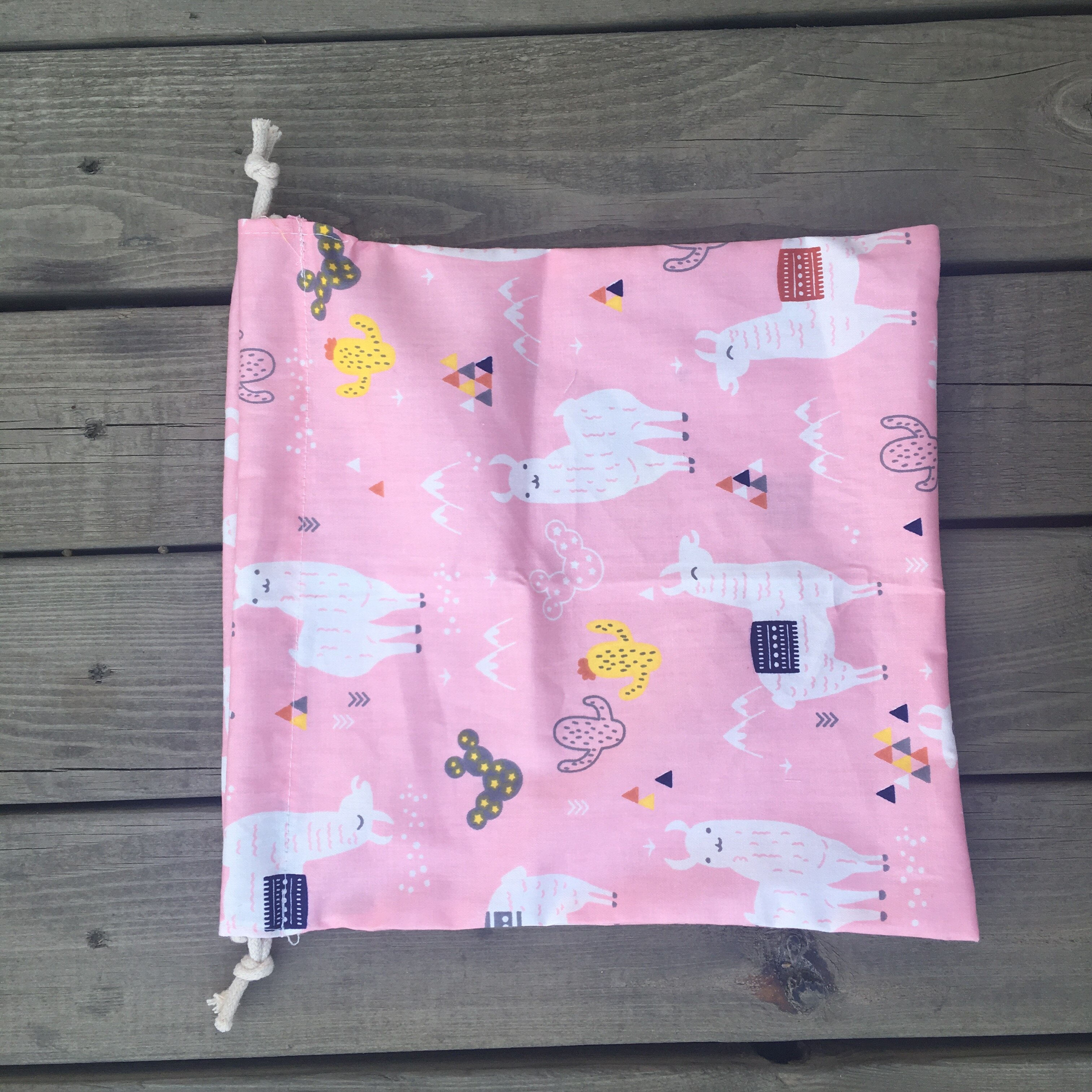 Katoenen keperstof trekkoord multifunctionele tas feesttas cactus dieren alpaca roze basis  yl75