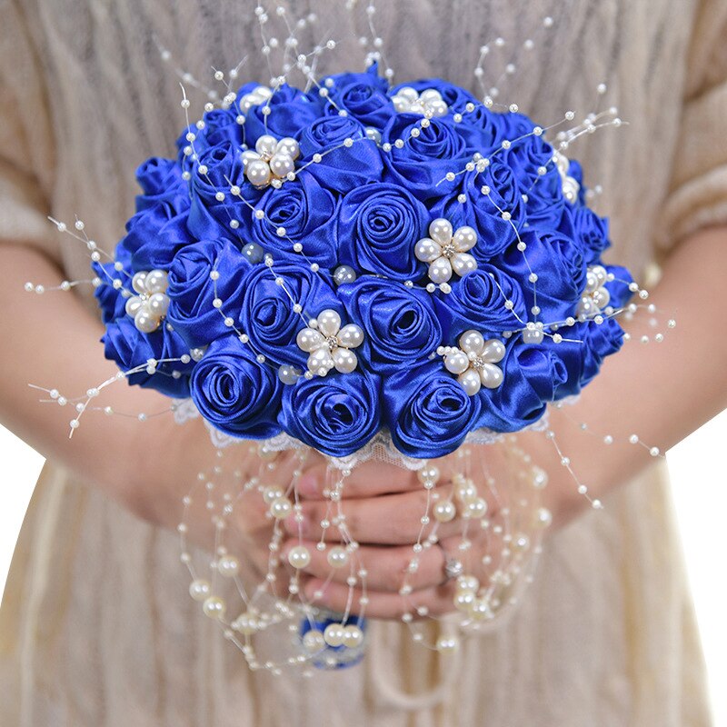 Ivory Wedding Bouquets Pearls Beaded Bridal Bouquet Bridesmaid Holder With Ribbon Rose Flowers Bouquets: Royal Blue