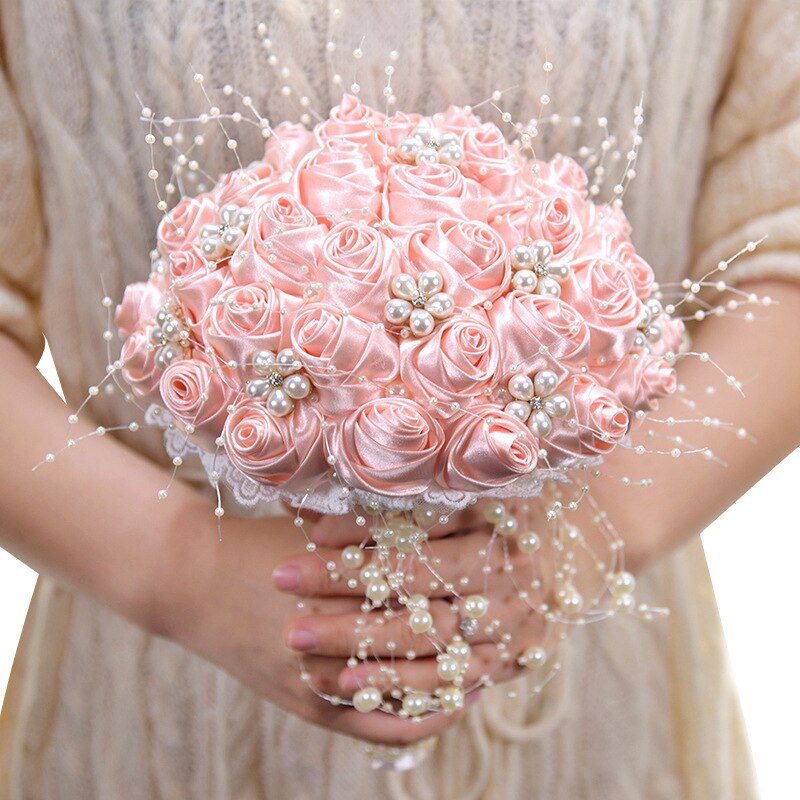 Janevini 2020 nova noiva flores cetim rosa pérolas rosa casamento buquê de cristal nupcial buquê fleur artificielle branco broche: Rosa