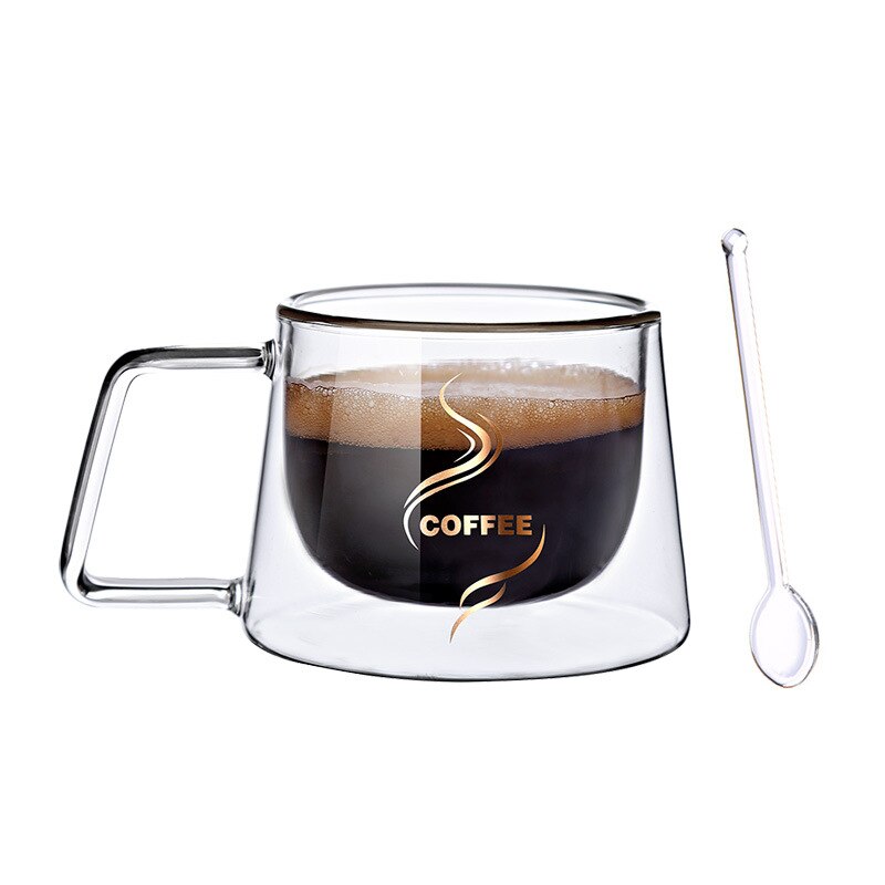 Glass kopp gjennomsiktig glass kopp drikkeglass dobbel vegg glass kaffekopper med lokk glass kopp krystall glass krus: Dc011 med skje