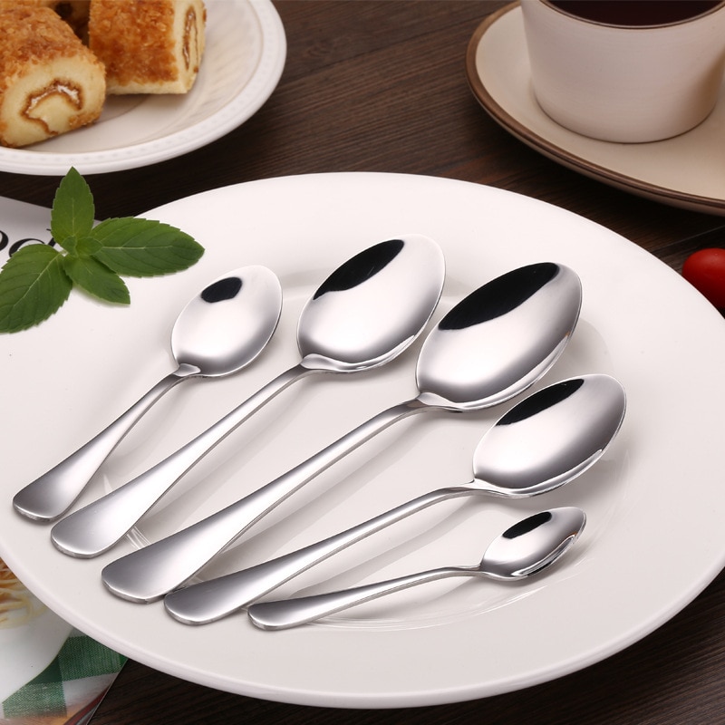 6pcs Stainless Steel Coffee Teaspoon Dinner Spoon Set Ice Cream Sundae Tea spoons Dessert Stirring Soup Tablespoon Scoop 5 size