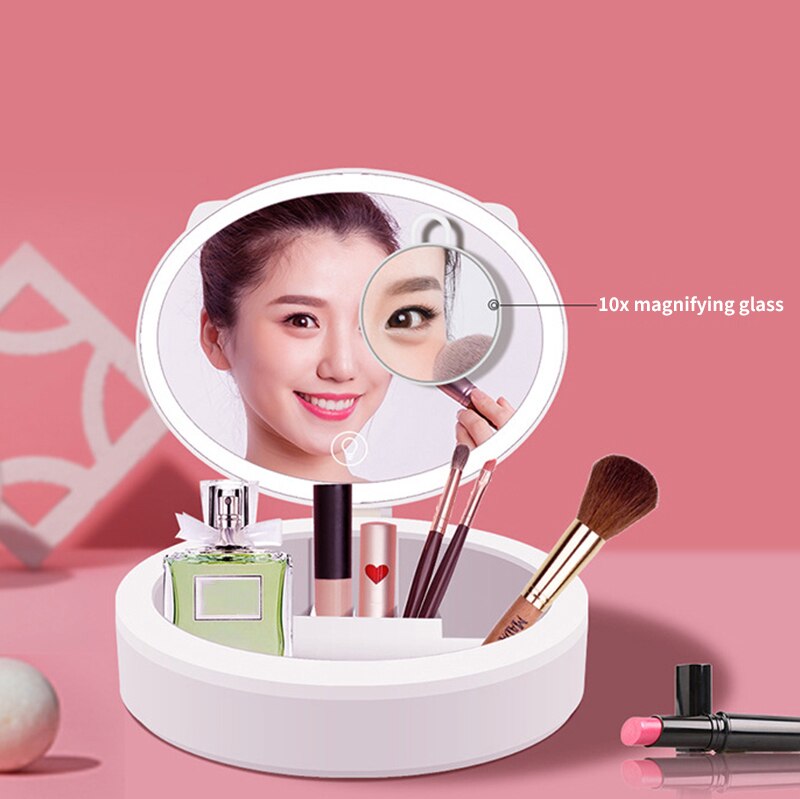 Cosmetic Storage Box with LED Makeup Mirror Skin Care Desktop Finishing Case Dust Proof Lipstick Rack Make Up Organizer