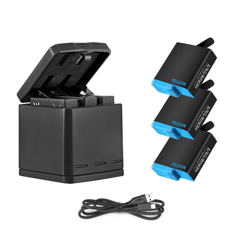 TELESIN – Pack de batteries + boîte de chargement de batterie à 3 fentes, câble USB type-c 2 en 1 pour GoPro Hero 8 7 6 5, accessoires d'appareil photo noir: 1Charger 3Battery