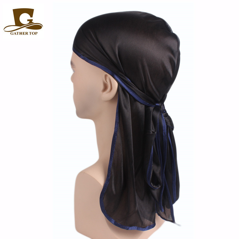 Unisex hombres mujeres satén transpirable Bandana sombrero sedoso Durag doo du trapo diadema de cola larga: Azul