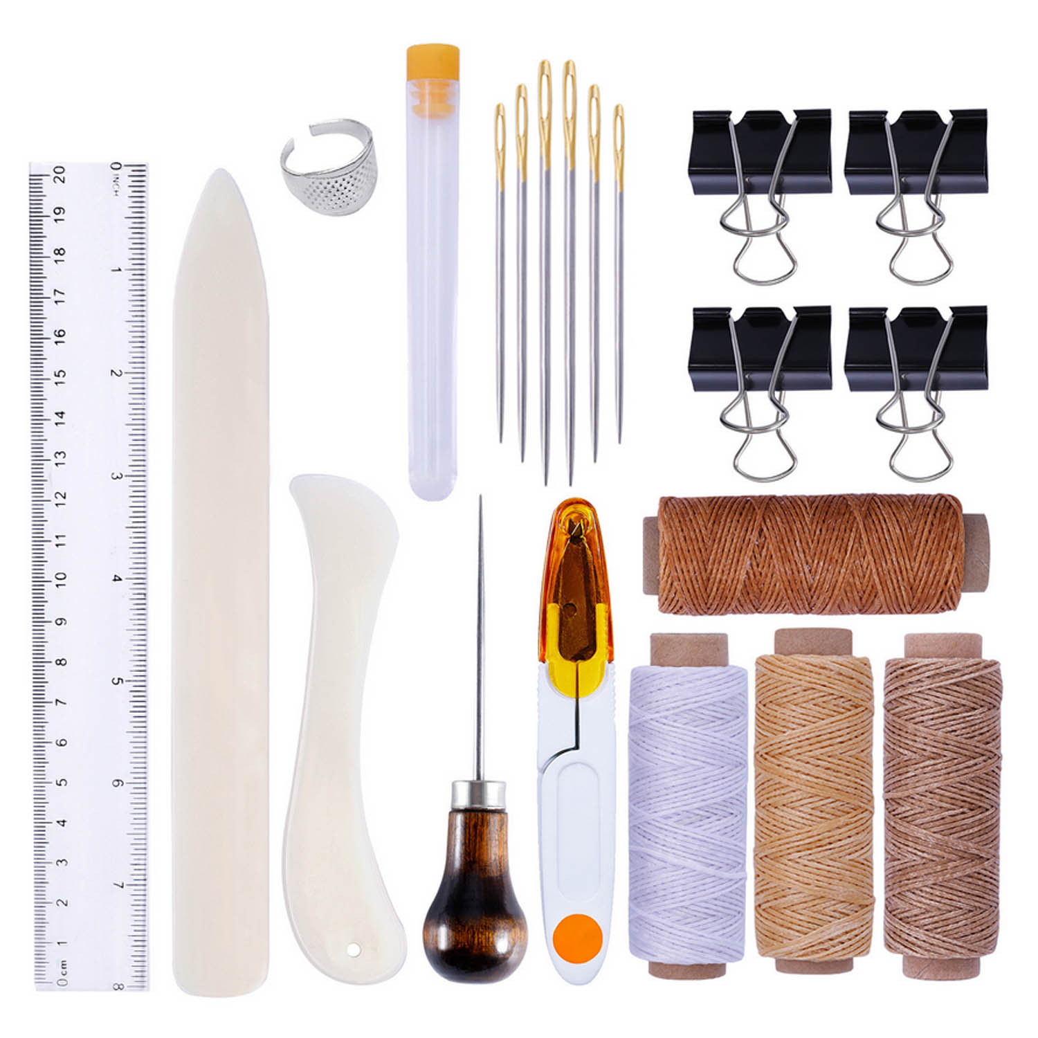 20 pçs encadernação couro costura ferramentas conjunto com pasta de osso creaser agulhas awl encerado rosca para diy artesanal artesanato suprimentos