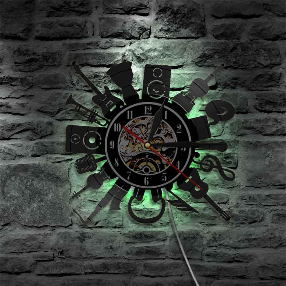 Acoustic Electric Guitar Wall Clock Punk Rock n Roll Heavy Metal Music Vinyl Record Wall Clock with LED Light Music Band: With LED Light