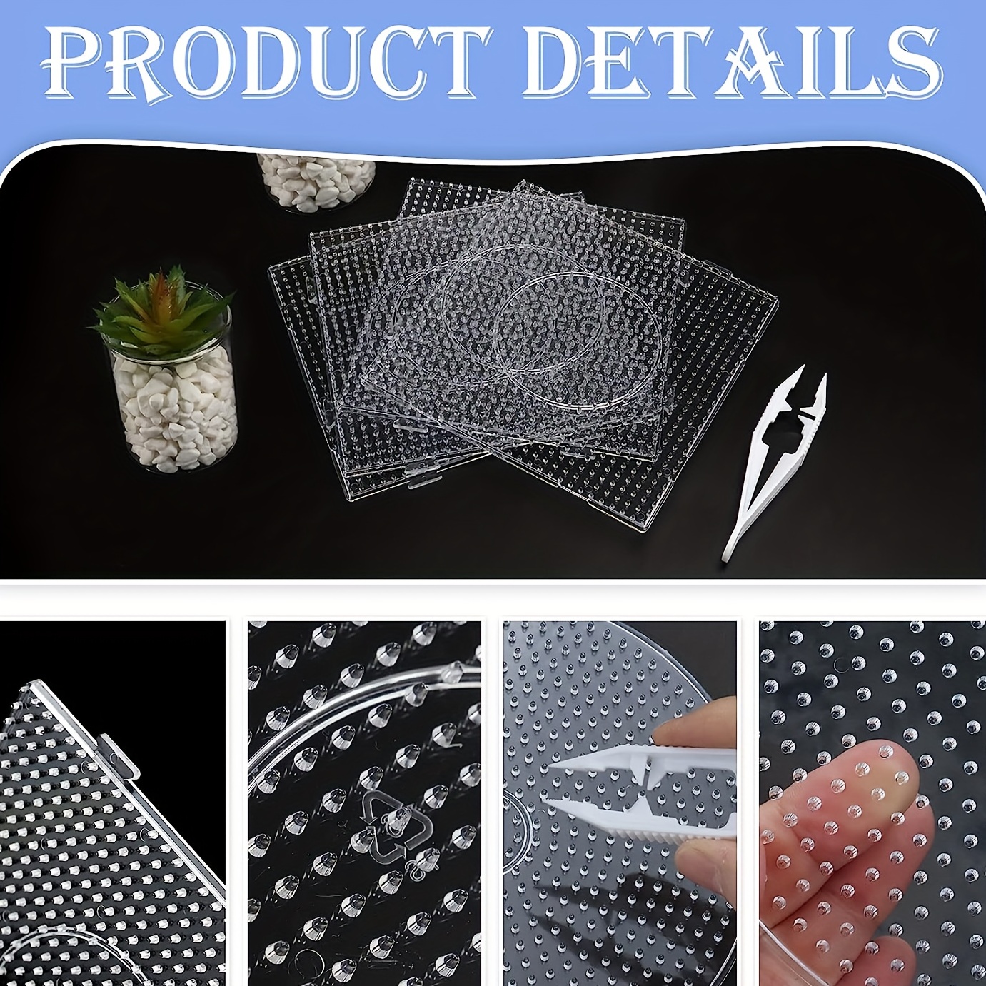 5 mm large, transparent plastic pegboards, bead pegboards with ironing paper and white tweezers, creative diy jewelry making supplies
