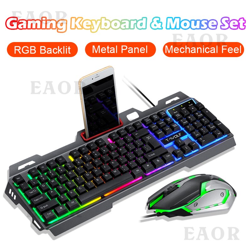 EAOR RGB Gaming Keyboard Mouse Combo Metal Panel Waterproof Mechanical Feel 104-key Gaming Keyboard Mouse Set for Desktop Laptop
