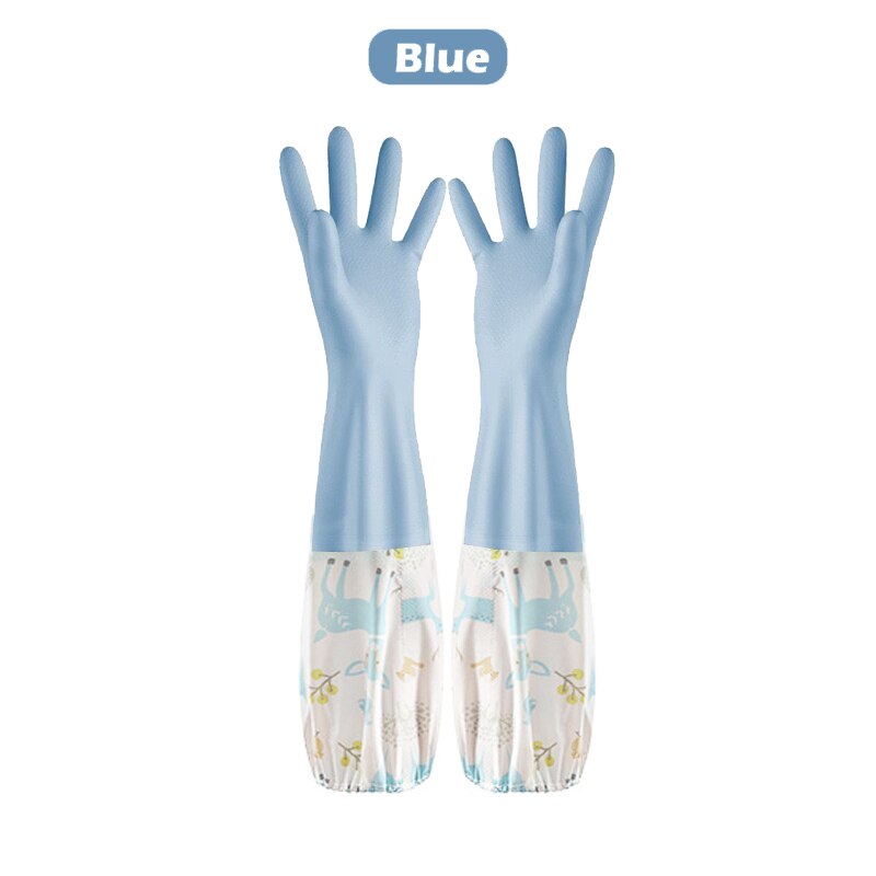 Gants de lavage de la vaisselle, monocouche, manche d'épissure domestique, étanches, en peluche, bande élastique, gants en caoutchouc: Blue / L