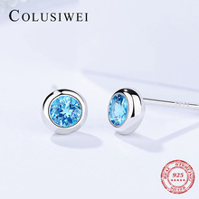 Populaire Echte 925 Sterling Zilveren Ronde Rock Blue Crystal CZ Stud Oorbellen Voor Vrouwen Mode Fijne Zilveren Oorbel sieraden