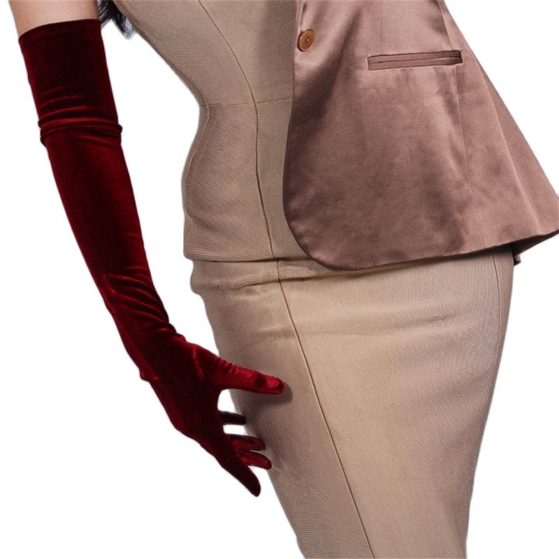 60cm Velours Handschuhe extra Lange Abschnitt Wein verrotten Über Ellenbogen Weibliche Hohe Elastische Schwan Samt Gold Velours Touchscreen Frau WSR03