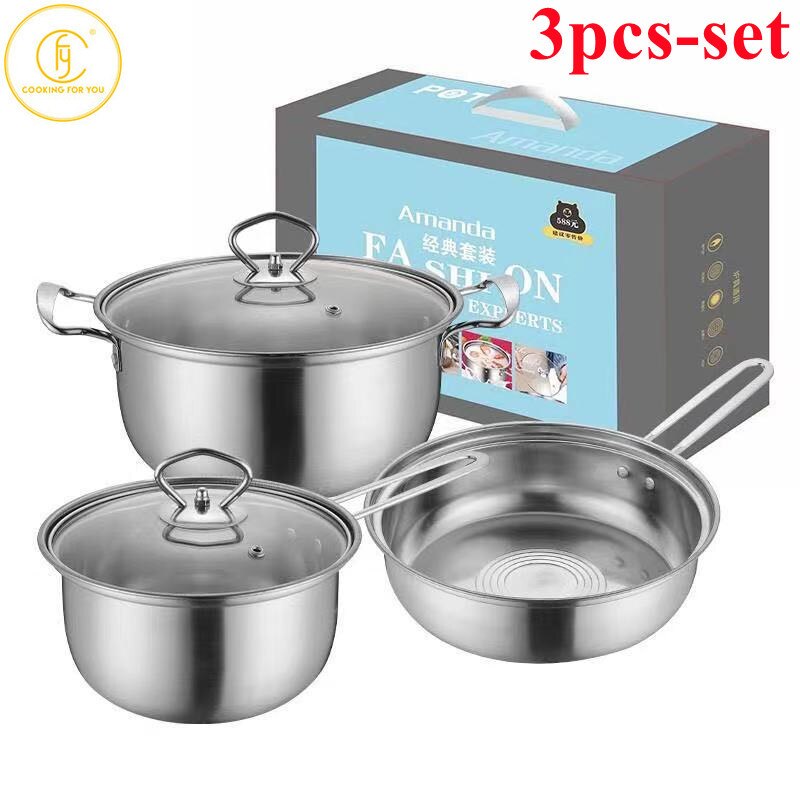 2/3Pcs Stainless Steel Pot Frying Pans Set Pressure Cooker Braised Cooking Milk Soup Pot Steamer Stew Pan Kitchen Cookware: 3pcs-set