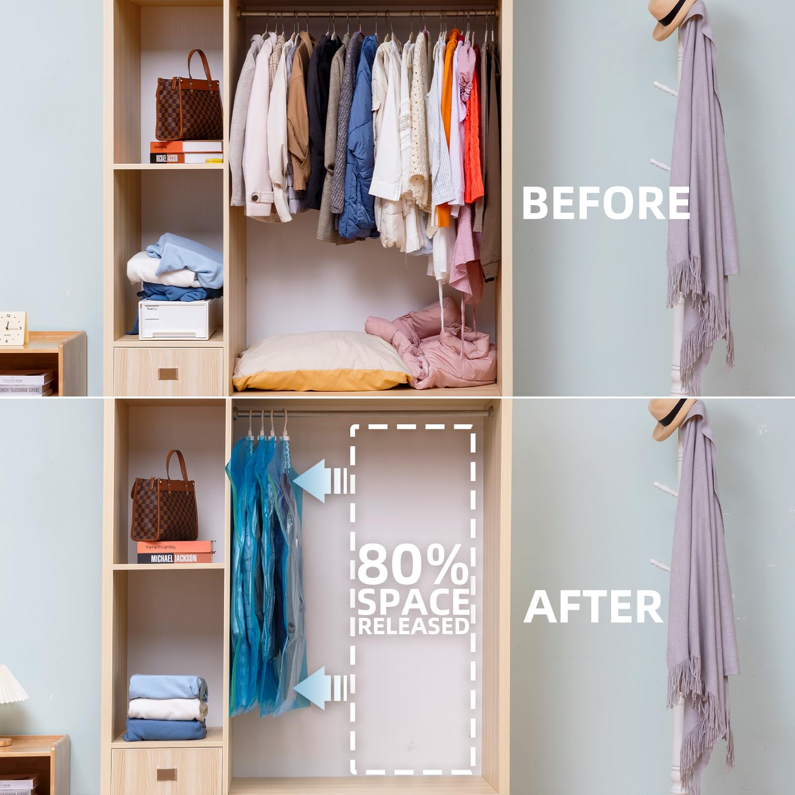 TAILI Hanging Vacuum Storage Bags for Clothes 4pcs Vacuum Coat Bags for Suits, Jackets, Dresses, Closet Space Saver Vacuum Bags