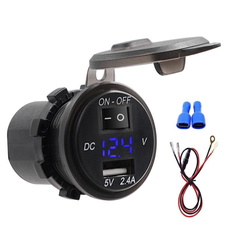 Cargador de moto interruptor usb impermeable, pantalla Digital de 2,4 a, voltímetro de 12V-24V, cargador para coche, barco y motocicleta con fusible de 20a, 60cm: Azul