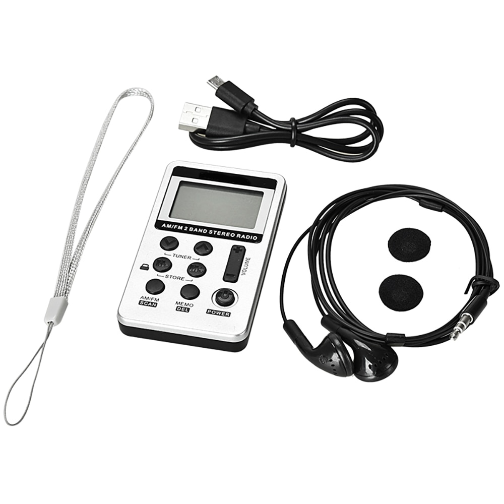Draagbare mini digitale stereo radio met oordopjes, am fm lcd-scherm, voor hardlopen, excursies, vrije tijd in het park