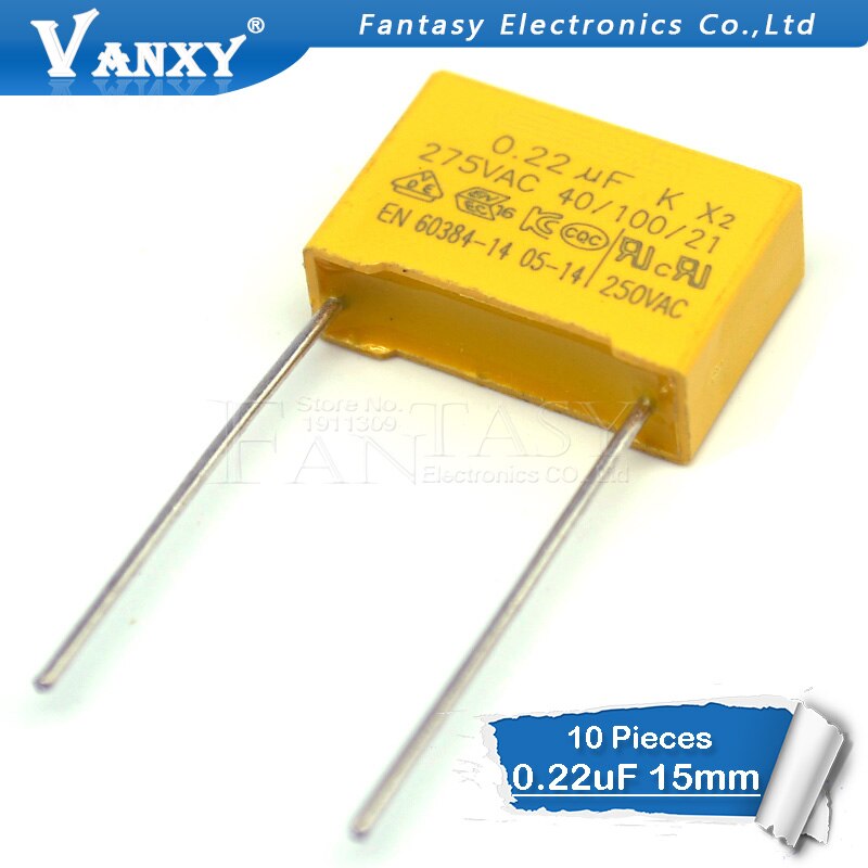 10pcs 220nF capacitor X2 capacitor 275VAC 220NF Pitch 15mm X2 Polypropylene film capacitor 0.22uF
