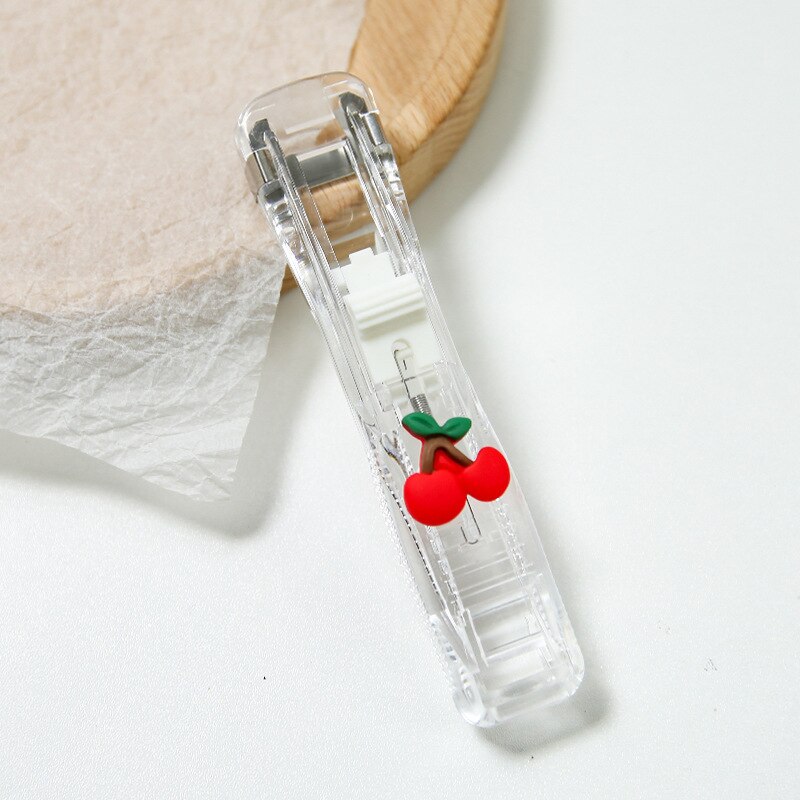 Transparent Cute Stationery Stapler Book Binding Machine One Finger Touch Stapling Reusable Staples School Office Accessories: Cherry