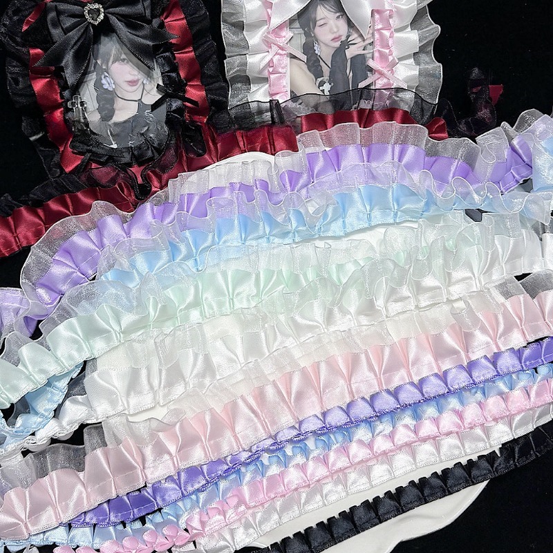 Cinta de encaje plisado de satén de Organza de doble capa, 1 metro, 3,8 CM de ancho, bolsas de Lolita, tela decorativa, adorno de volantes, decoración de bolsa Ita DIY