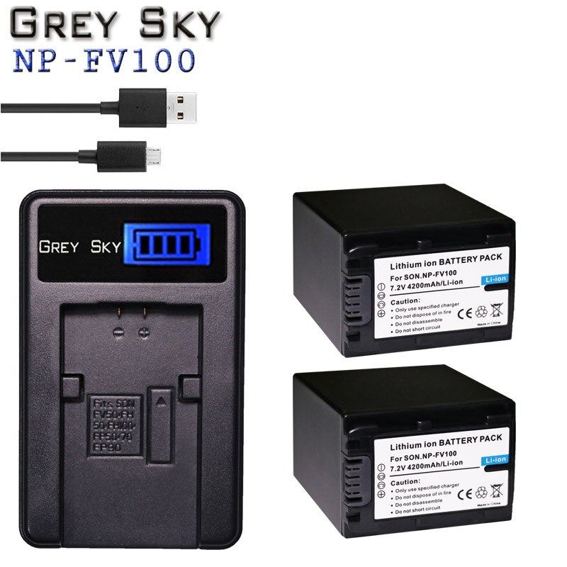 2 stk 4200 mah np  fv100 np-fv100 fv100 batterier + lcd usb-lader til sony np -fv30 np-fv50 np-fv70 sx83e sx63e fdr -ax100e ax100e: Lader og 2 batterier
