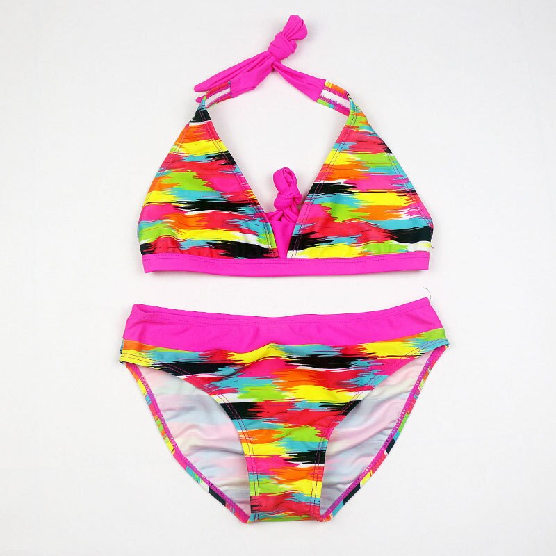 Girl Rainbow Color Bathing Suit Girls Tight Elastic Stripe Swimwear Children Split Swimwear Girls Bikini Girl Beach Swimsuit: B / 12