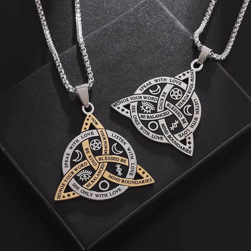 Stainless Steel Vintage Irish Celtic Trinity Knot Pendant Wiccan Witch Knot Moon Star Totem Necklace Men's Lucky Jewelry
