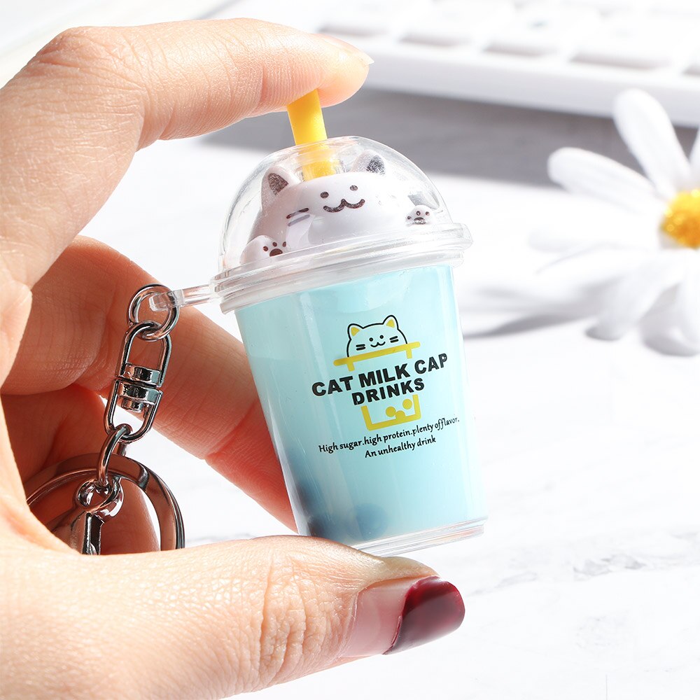 Milk Tea Cup Liquid Crystal Quicksand Sequin Key Ring Keychain Cartoon Cat Baby Pretend Play Toy for Women Bag Pendant Key Chain: blue