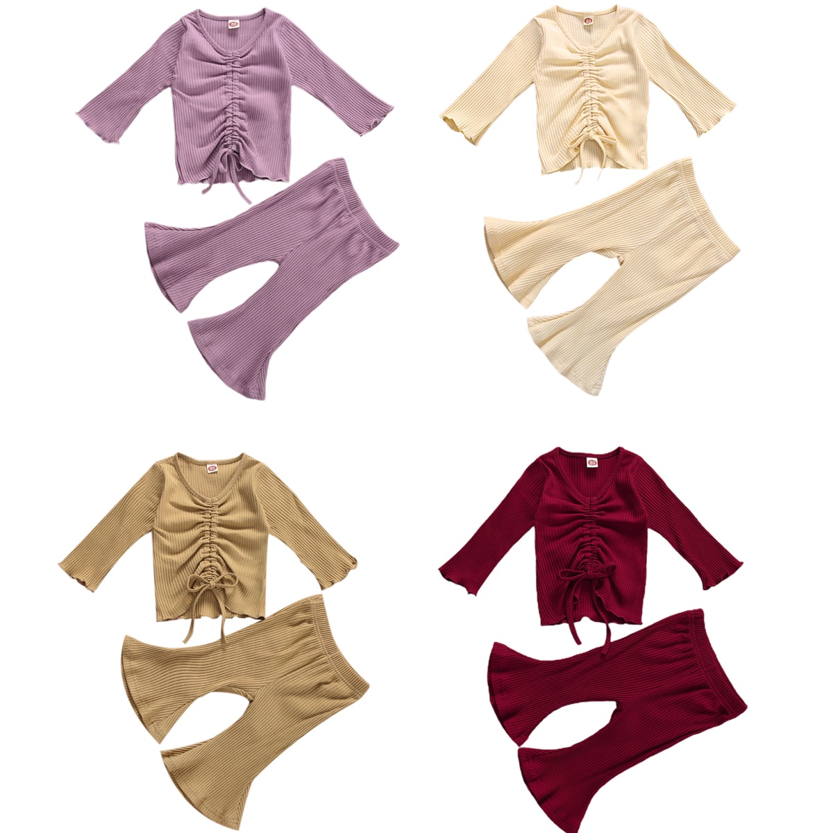 Infant Kids Baby Meisje Geribbeld Solid Set Uitlopende Mouwen Pak Lange Mouwen Tops Shirt Broek Navel Trekkoord Lente Kleding