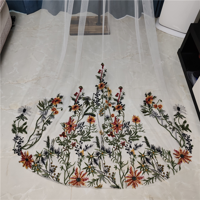 Velos de novia florales de colores, encaje bordado, tul blanco marfil, catedral, largo, negro, verde, rojo, amarillo, hojas, flores