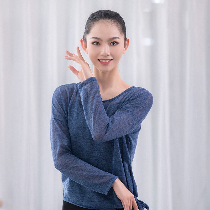 Top de Ballet Latino para danza del vientre, blusa transparente, disfraz para mujer, Ropa de baile de vientre, ropa de bailarina: gray blue long