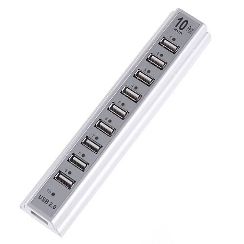 Usb-hub 2.0 10- poorts hoge snelheid 480 mbps usb 2.0- hub multi-usb-splitters met eu/vs-stroomadapter voor pc, laptop en notebookcomputer