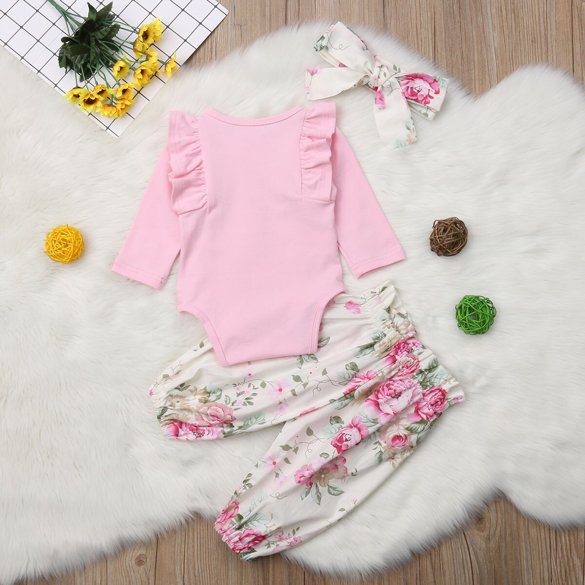 Merke 0-24m spedbarn baby jente gutt blomster høstklær sett volanger lange ermer solide bukser+bukser+hodebånd