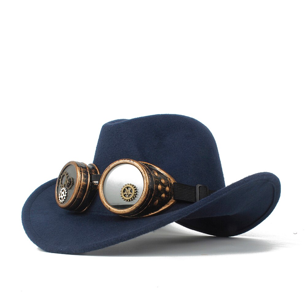 Sombrero de vaquero Steampunk para Hombre y mujer, Sombrero de lana con agujeros en el exterior, estilo occidental, Jazz, talla 56-58: Dark Blue