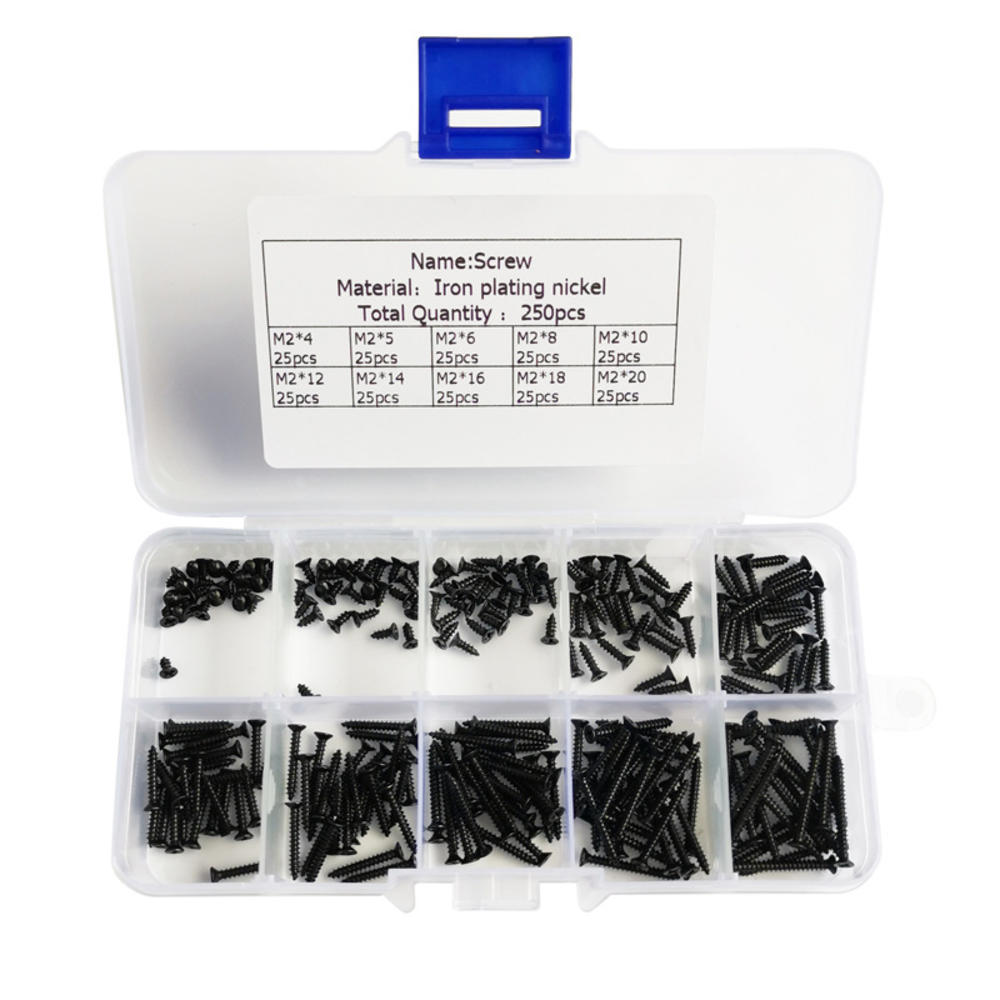 250Pcs M2 Stainless Steel Self Tapping Wood Screw Assortment Kit Lock Nut Wood Flat Head Thread Nail Screws Fastener Sets: Black