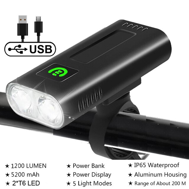 NEWBOLER-faro delantero para bicicleta de montaña, linterna de 1200 lúmenes, batería externa de 5200mAh, recargable vía USB, resistente al agua IPX5: NB-LIG021T