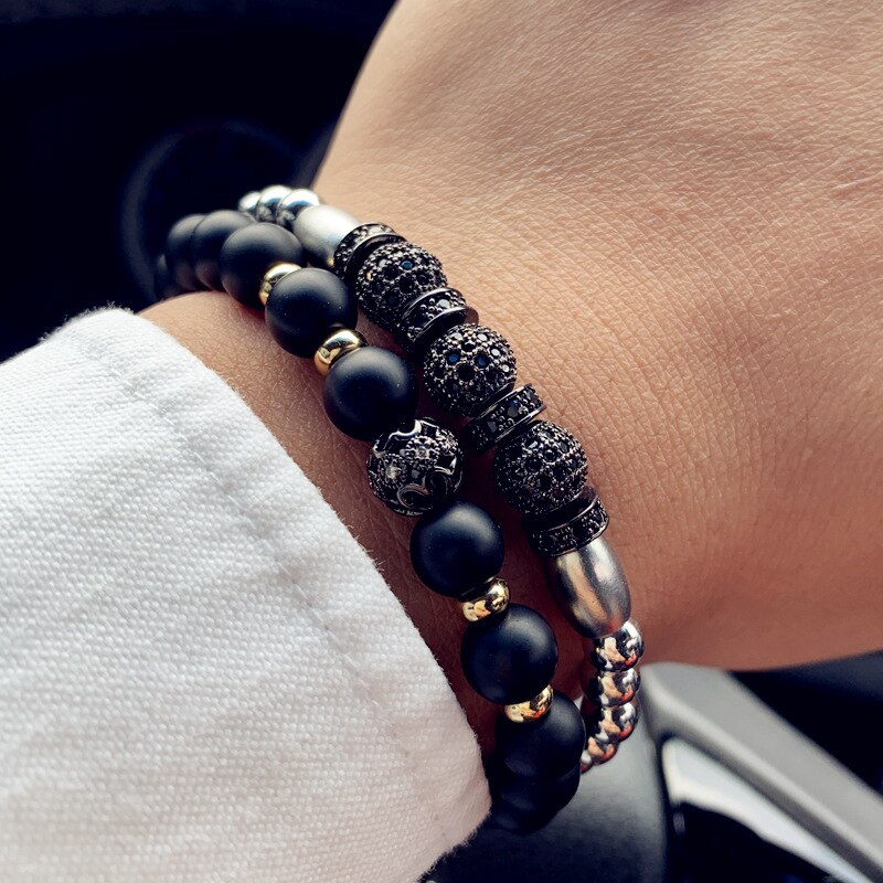 Bracelet luxueux pour hommes, 2 pièces/ensemble, Bracelet à breloques pavé, CZ Punk, perles, crâne, bijoux: 4