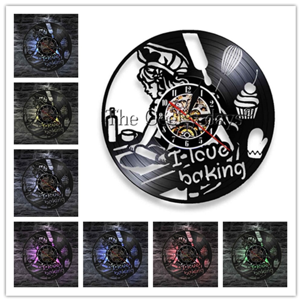 Kitchen Vinyl Record Wall Clock Modern Cooking Room 3D Decoration LED Clock Wall Watch Home Decor for Chef 12 inch: C-7 LED color change