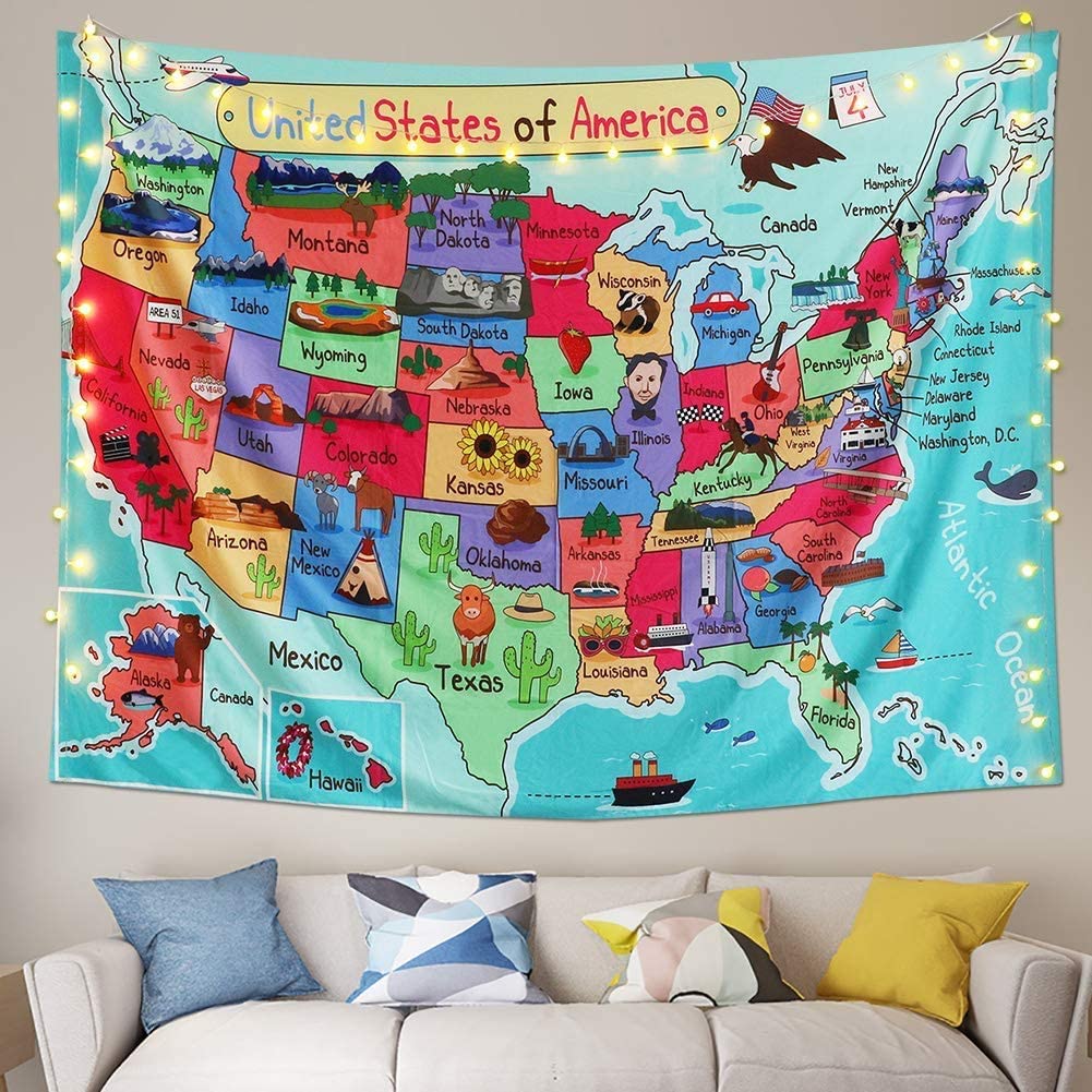 Kids Kaart Van De Verenigde Staten Wandtapijten Cartoon Leuke Feiten Geografie Usa Polyester Stof Deken Decor Kamer Esthetische