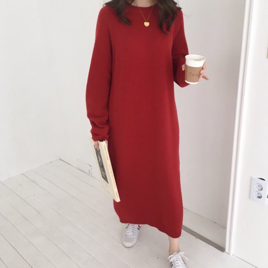 Warme Trui Vrouwen Herfst Jurk Winter Lange Trui Gebreide Jurken Lange Losse Maxi Oversize Lady Jurken Bodycon Robe Vestidos