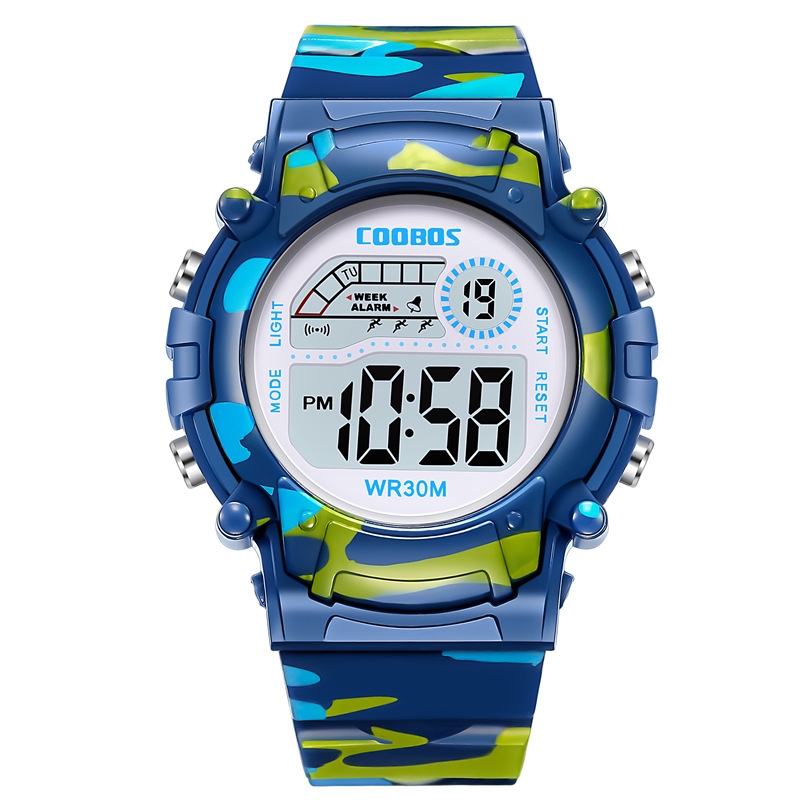 COOBOS Kinderuhr Tarnung Sport Elektronische Digitaluhr Wasserdichte Multifunktions-LED-Uhr für Jungen Mädchen Kinderuhr: Blau