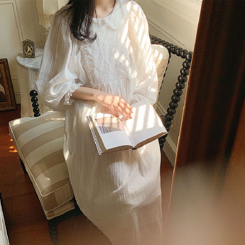 Vintage Embroidery White Cotton Women's Long Nightgowns Sweet Floral Sleepwear Female Spring Autumn Night Dress