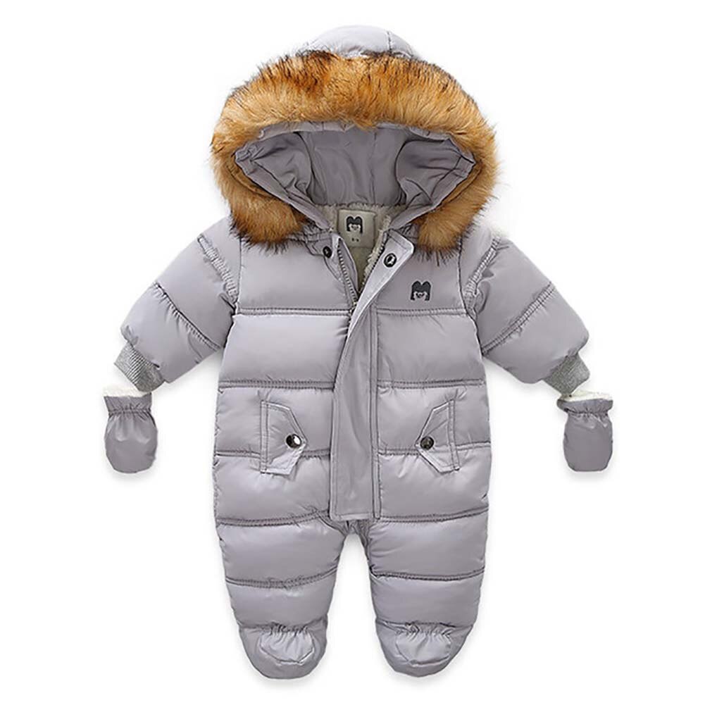 Winter Warm Baby Meisjes Jongens Rits Down Sneeuw Wear Jumpsuit Met Handschoenen Mode Peuter Lange Mouw Hooded Thicken Romper Outfit: GRAY / 12m