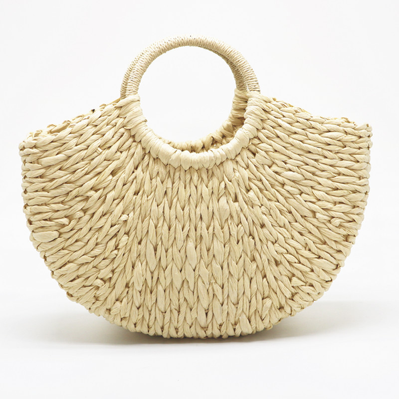 Handmade Bag Women Pompon Beach Weaving Ladies paper Straw Bag Wrapped Beach Bag Moon shaped Bag: beige / With lining