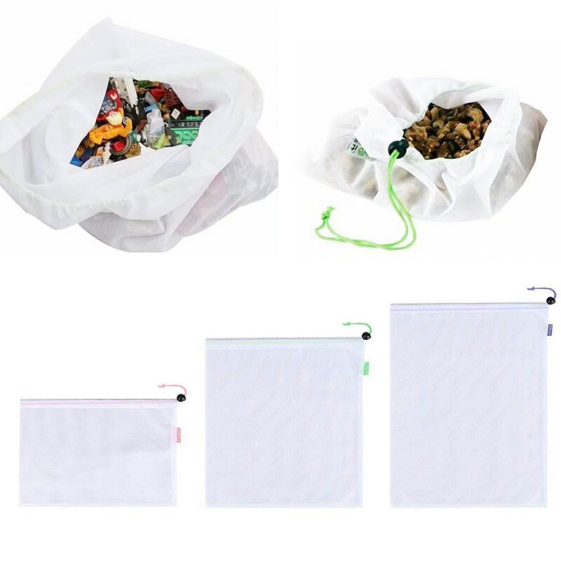 Herbruikbare Polyester Fruit Groente Zakken Met Trekkoord Thuis Keuken Opslag Mesh Zakken Machine Wasbaar