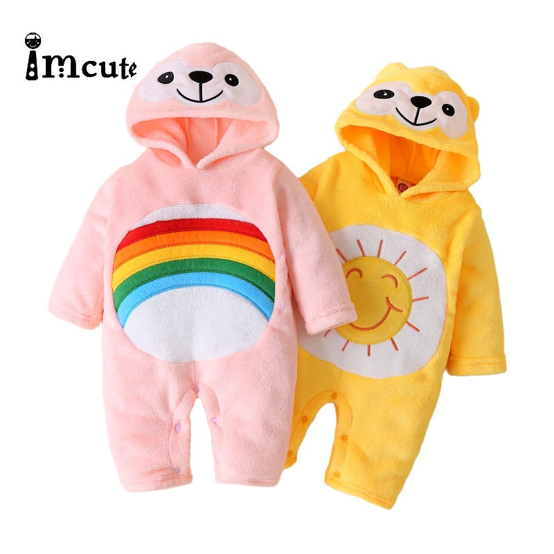 Cute Newborn Baby Boy Girl Autumn Winter Velvet Clothes Rainbow Print Romper Long Sleeve Hooded Jumpsuit One-piece Outfit 0-18M