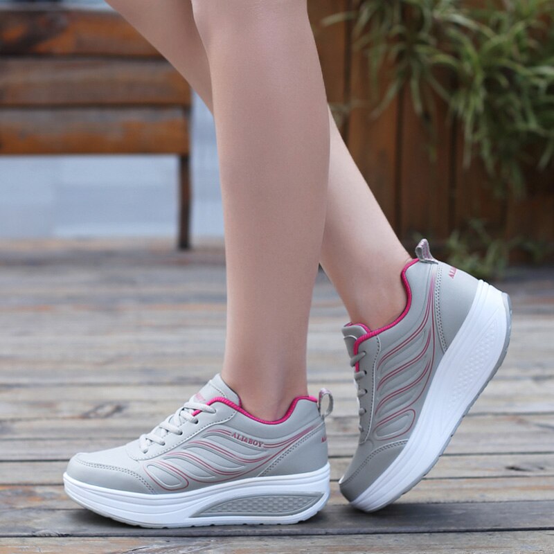 ALI&BOY PU leather women's running shoes Platform Slimming Shoes Ladies Wedges Swing women sport shoes white sneakers woman: Gray / 6.5