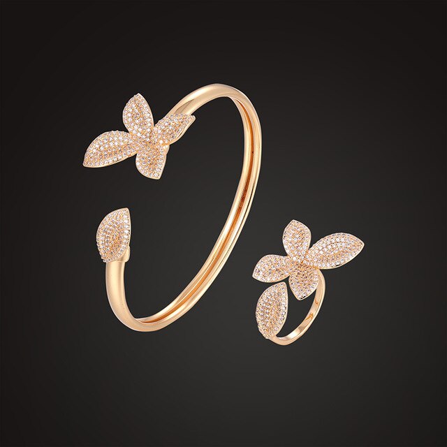 Lanruisha luxe sieraden set plant stereo leaf bangle met ring 3a zirkoon micro pave instelling classic mode-sieraden voor: Gold Plated