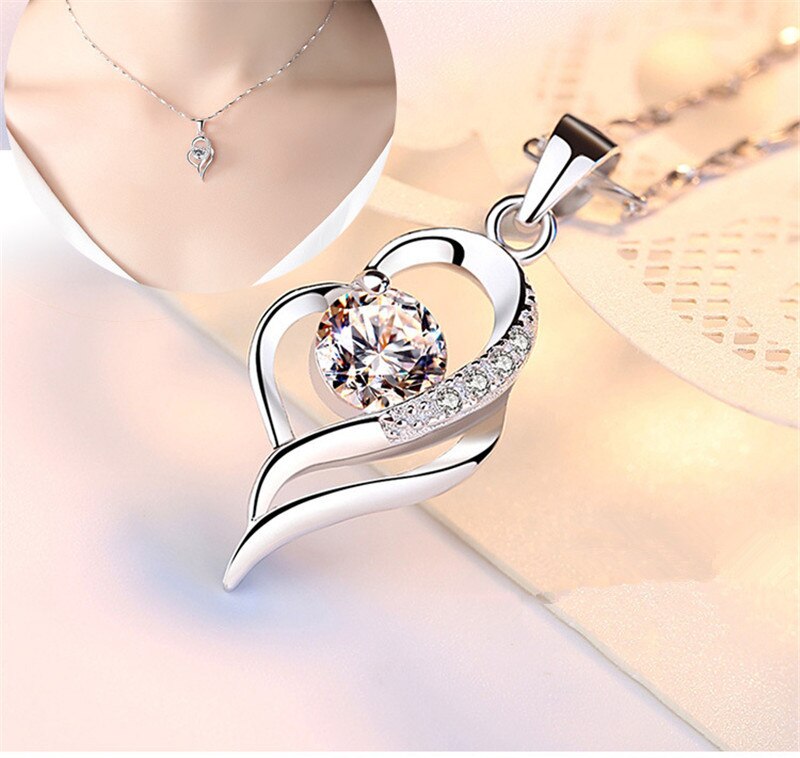 TJP 925 Silver Choker Necklace For Girl Bijou Top Crystal Heart Purple Women Pendants Necklace Accessories