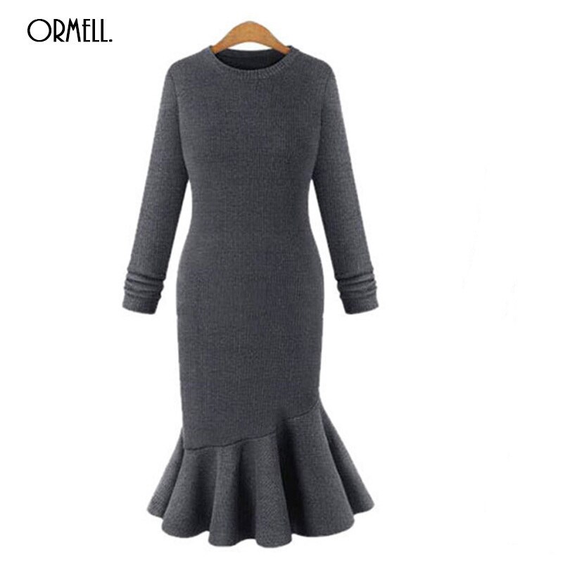 ORMELL Midi Knee Casual Women Knitted Dress Spring Female Long Sleeves Sweater Dresses Vintage Vestidos